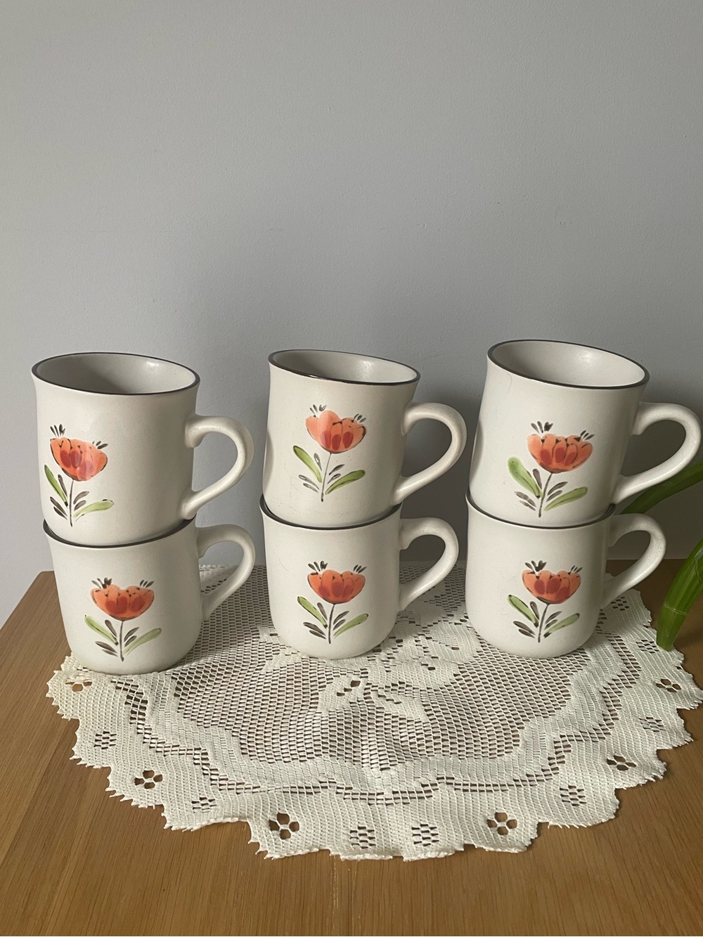 Vintage Stoneware Mug Set of Six with Hand-Painted Orange Floral Design Korea
